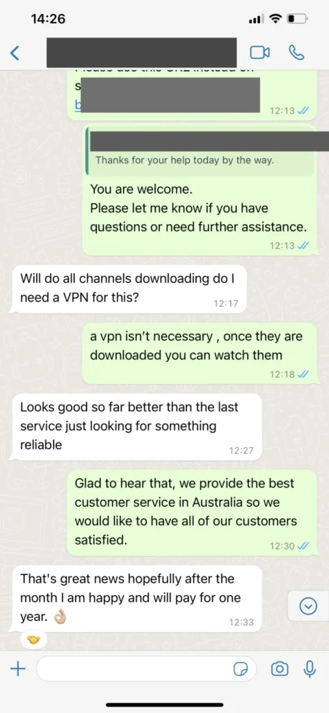 Positive WhatsApp customer review for 4K streaming picture quality